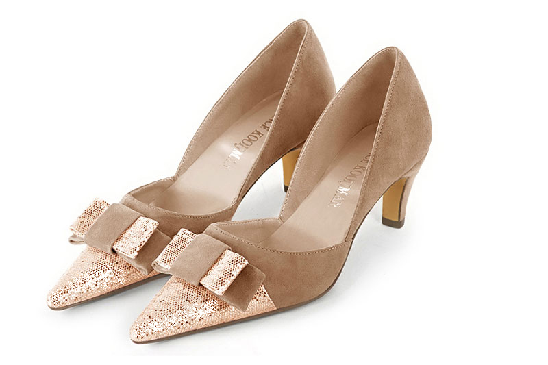 Dress pumps open arch in powder pink and biscuit beige with medium slim heels and pointed toe - Front view